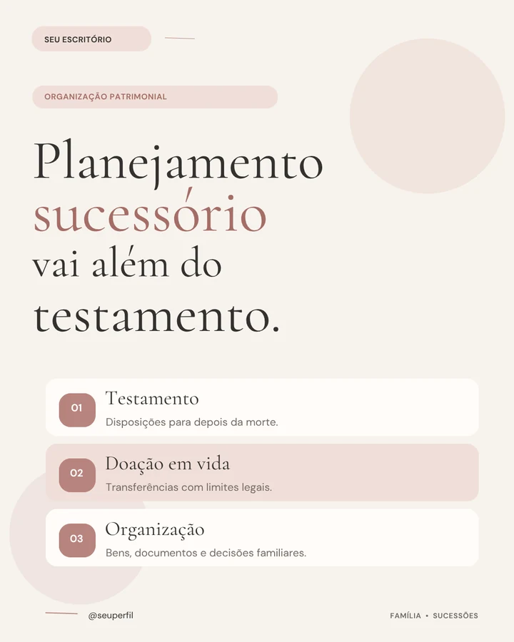 Template real do pack: Planejamento sucessório vai além do testamento. A peça apresenta testamento, doação em vida e organização.