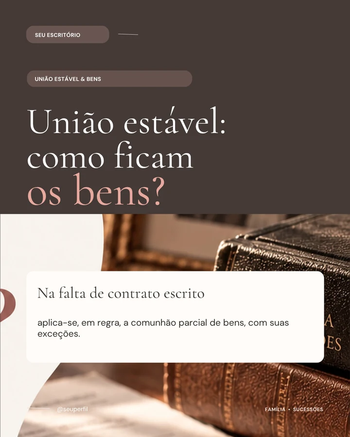 Template real em fundo grafite: União estável, como ficam os bens?, com fotografia de livros.